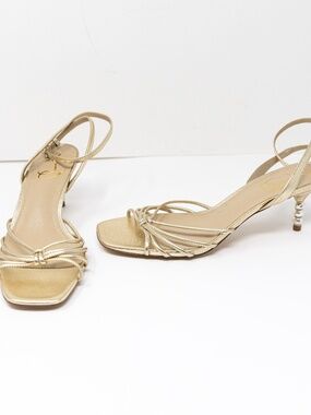 NEW Sam Edelman Philippa Leather Pearl Kitten Sandals Heel Shoes Gold Leaf 7.5